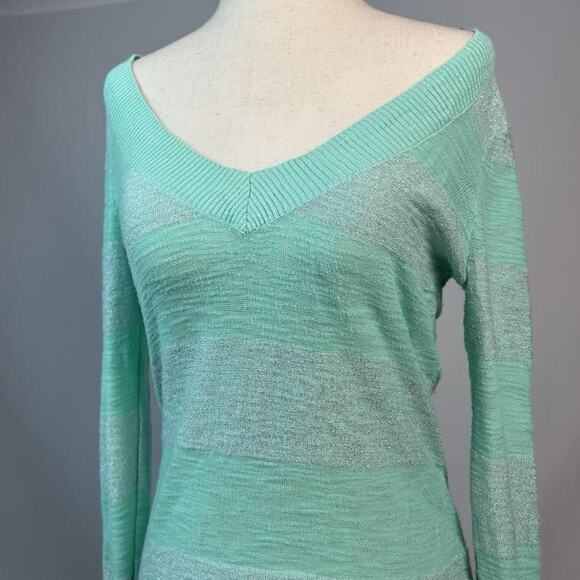 Express Womens V Neck Striped Sweater Size S Glitter Y2K Mint Green Off Shoulder - Picture 4 of 10